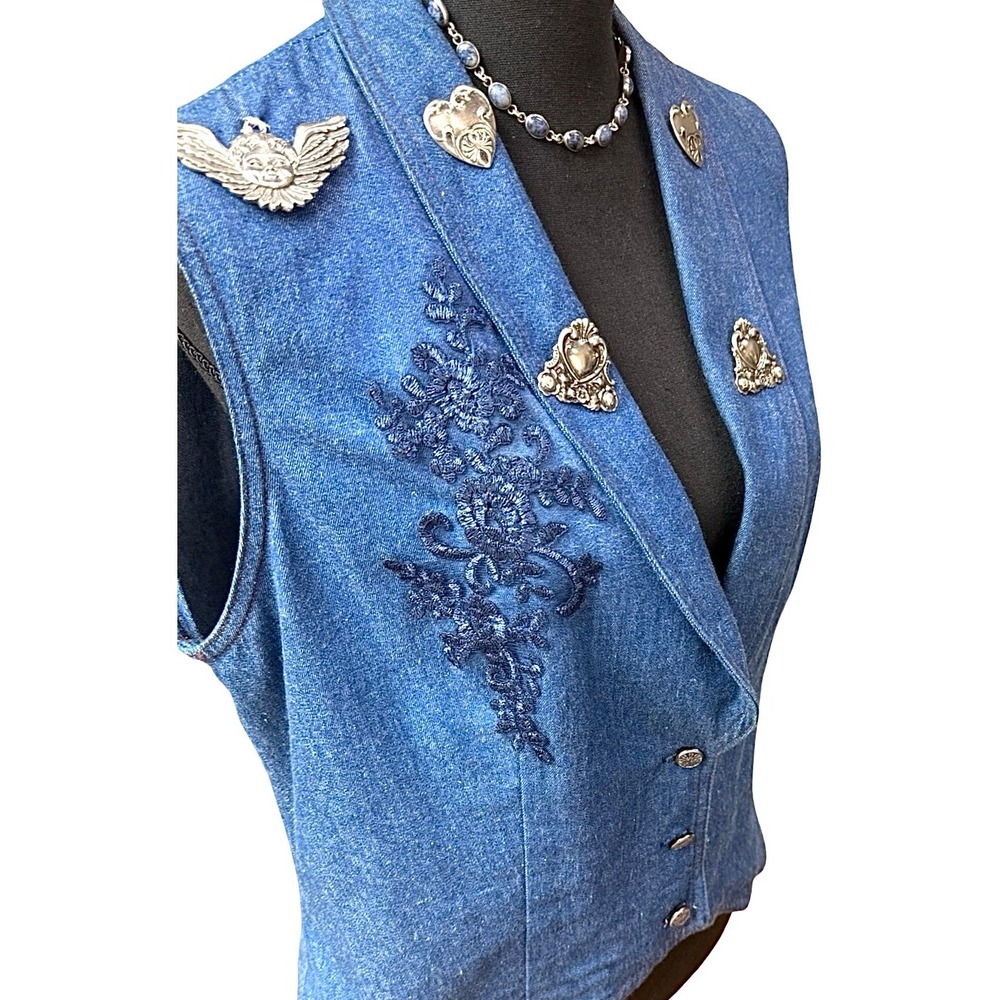 Vintage Denim Vest Embellished Pewter Charms Floral Appliqué‎ Size 14